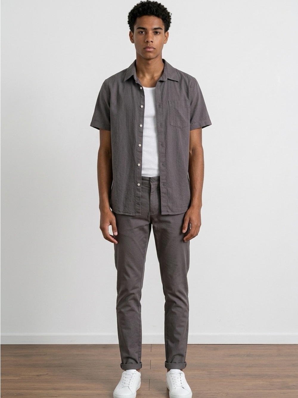 Men's Short-Sleeve Button - Charcoal Gray